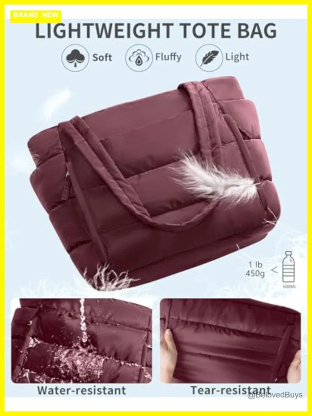 Lightweight Puffer Tote Bag with Laptop Sleeve, Quilted Shoulder Bag for Work